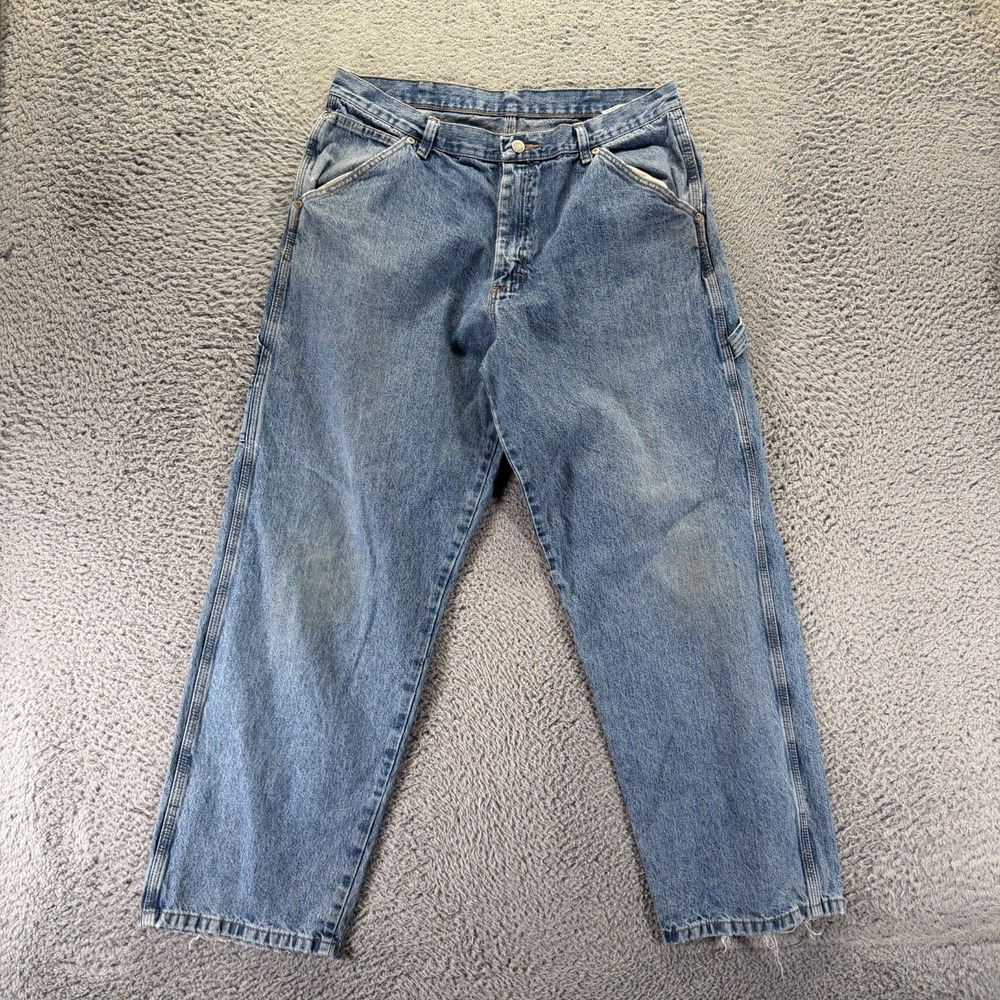 Wrangler Jeans Mens 34x30 Blue Cotton Denim Straight Carpenter Faded Workwear